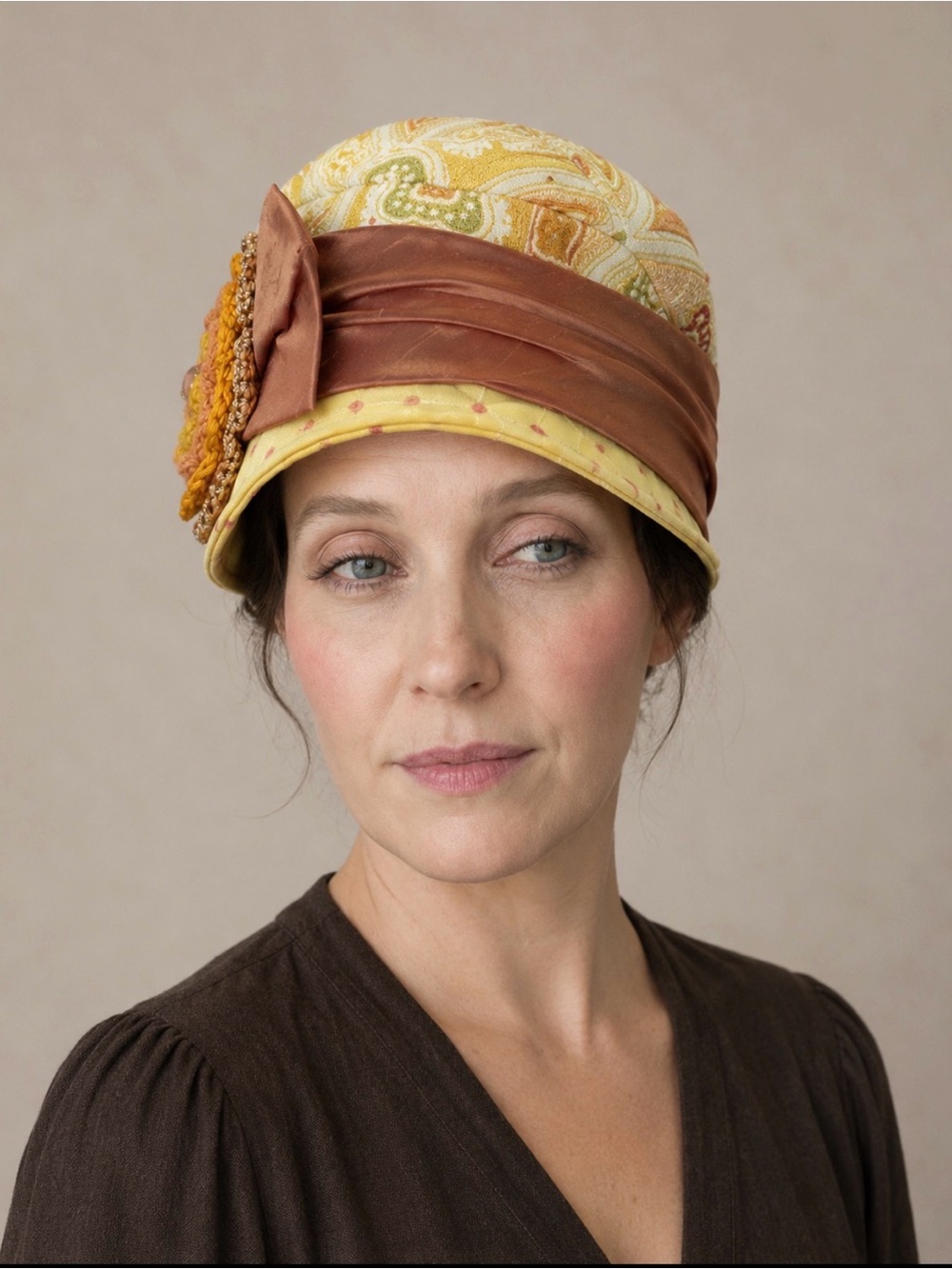 Yellow Paisley Cloche Hat with Brown Satin Band